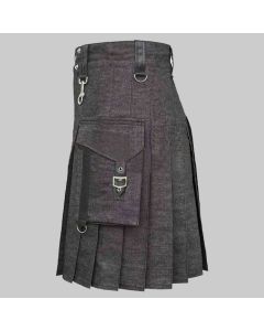 Black Heavy Denim Kilt With Straps for Men