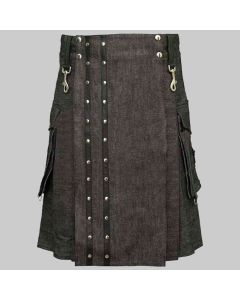 Black Heavy Denim Kilt With Straps for Men