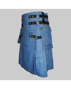 Blue Denim Cargo Fashion Utility Kilt for Men