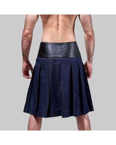 Blue Denim Leather Kilt With Leather Pouch for Men