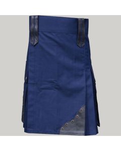 Blue Utility Kilt With Leather Patches for Men