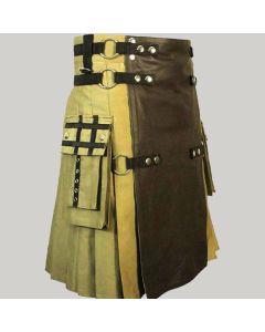 Khaki Fashion Tactical Hybrid Kilt With Front Leather Panel