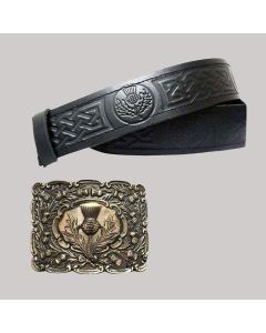 Thistle Embossed Leather Kilt Belt With Thistle Buckle