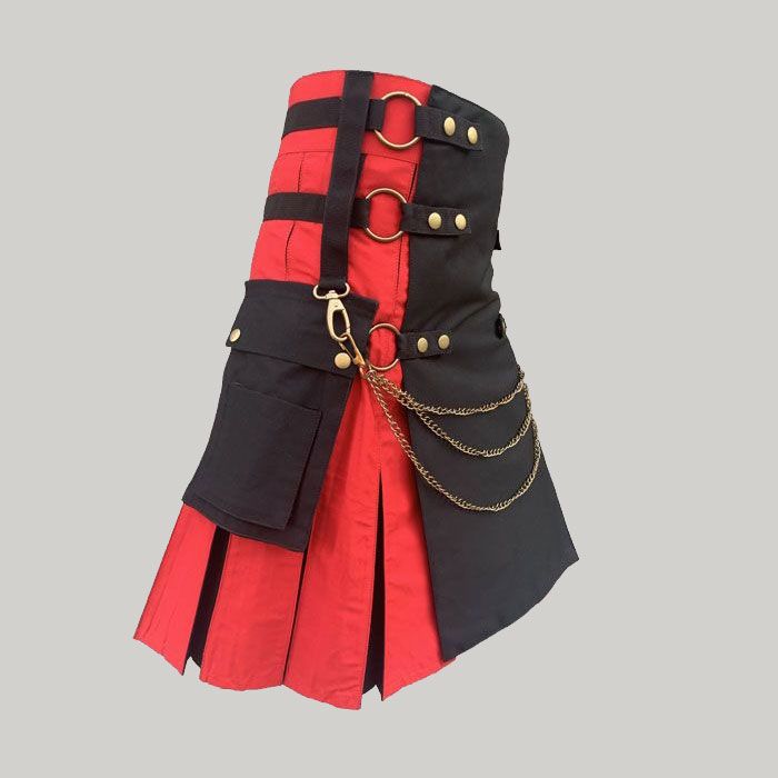 Black and Red Hybrid Utility Kilt With Silver Chain