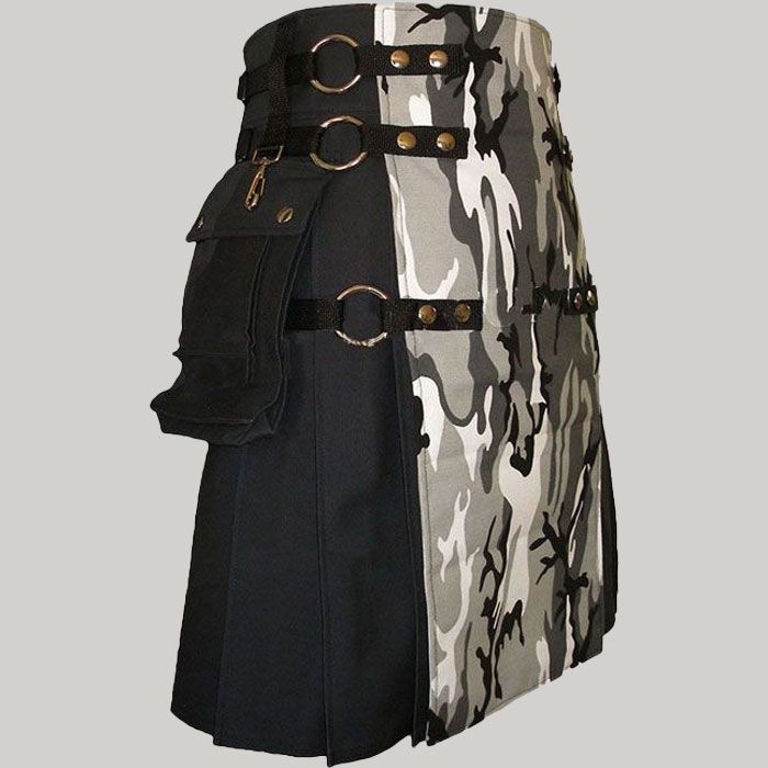 Black Canvas Urban Camouflage Cargo Utility Kilt for Men