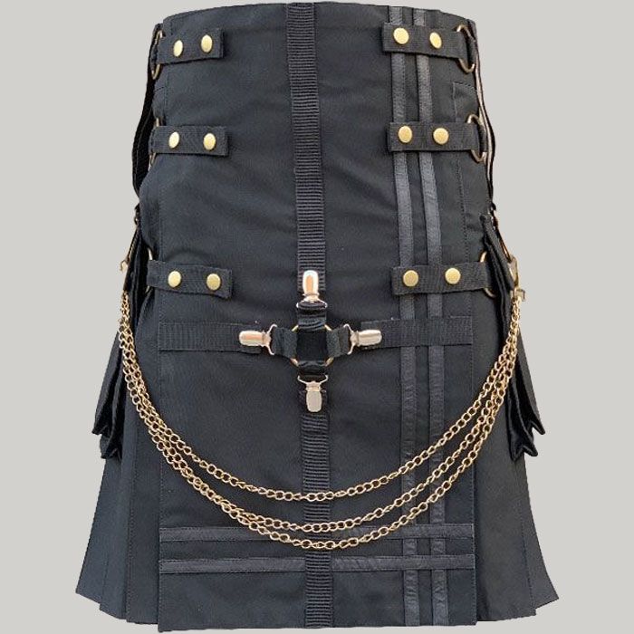Black Fashion Utility Kilt With Chains for Men