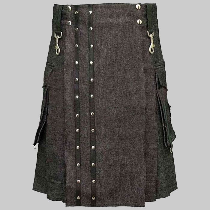 Black Heavy Denim Kilt With Straps for Men