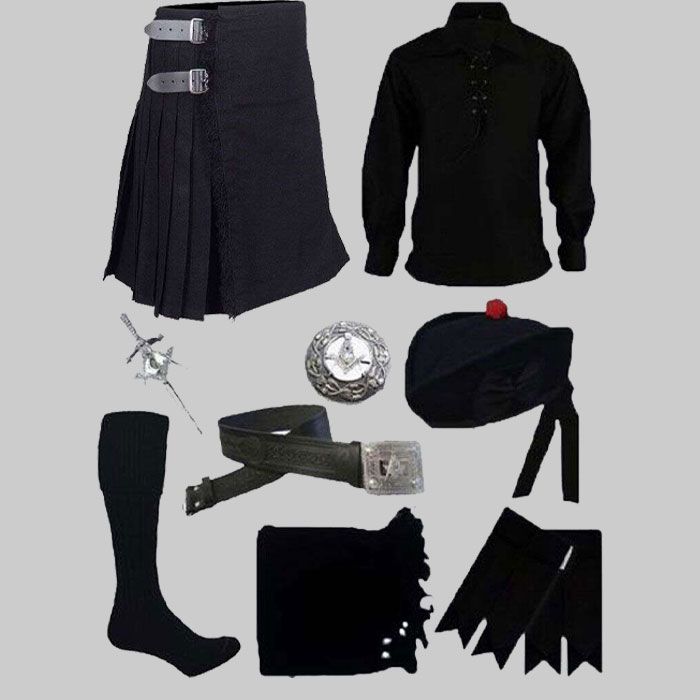 Black Tartan Kilt & Black Shirt With Accessories Deal