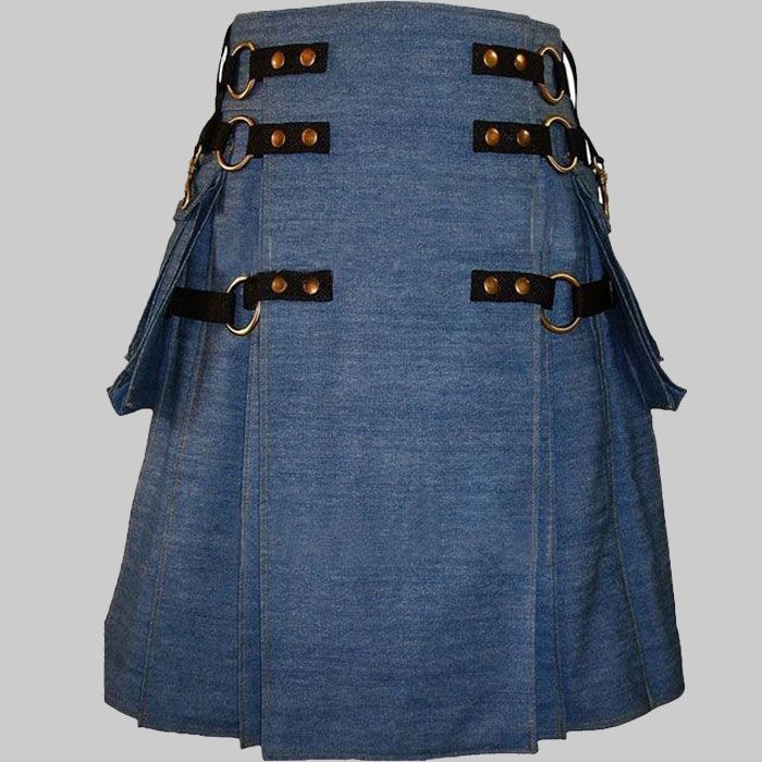 Blue Denim Cargo Fashion Utility Kilt for Men