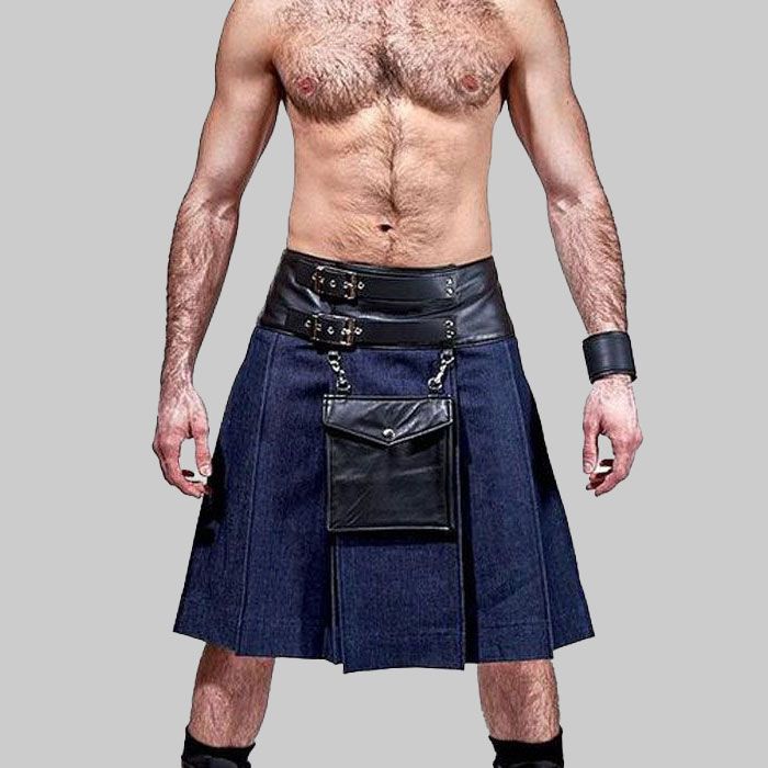 Blue Denim Leather Kilt With Leather Pouch for Men