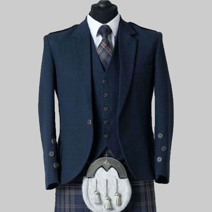 Blue Tweed Scottish Kilt Jacket With Waistcoat