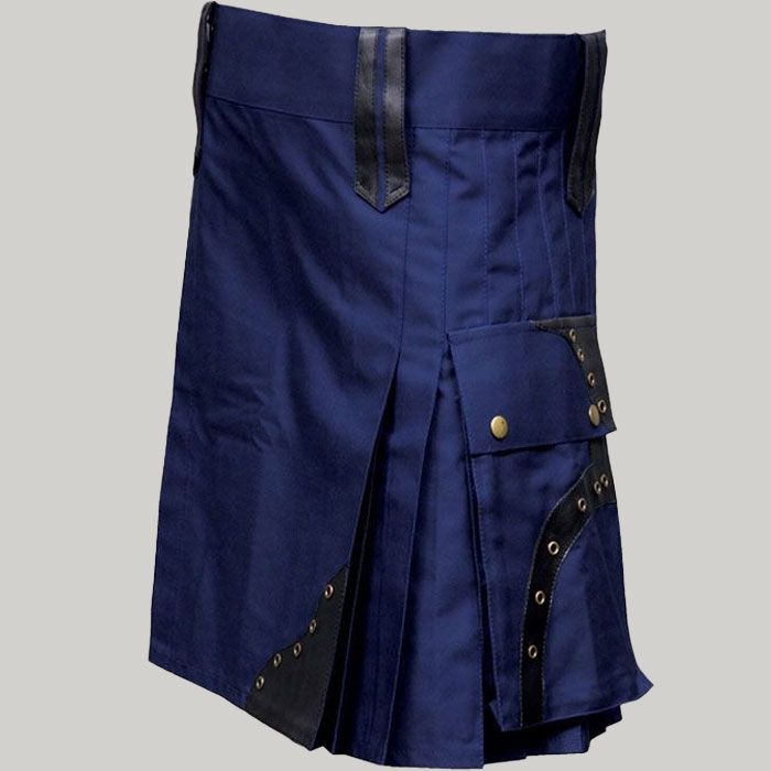 Blue Utility Kilt With Leather Patches for Men