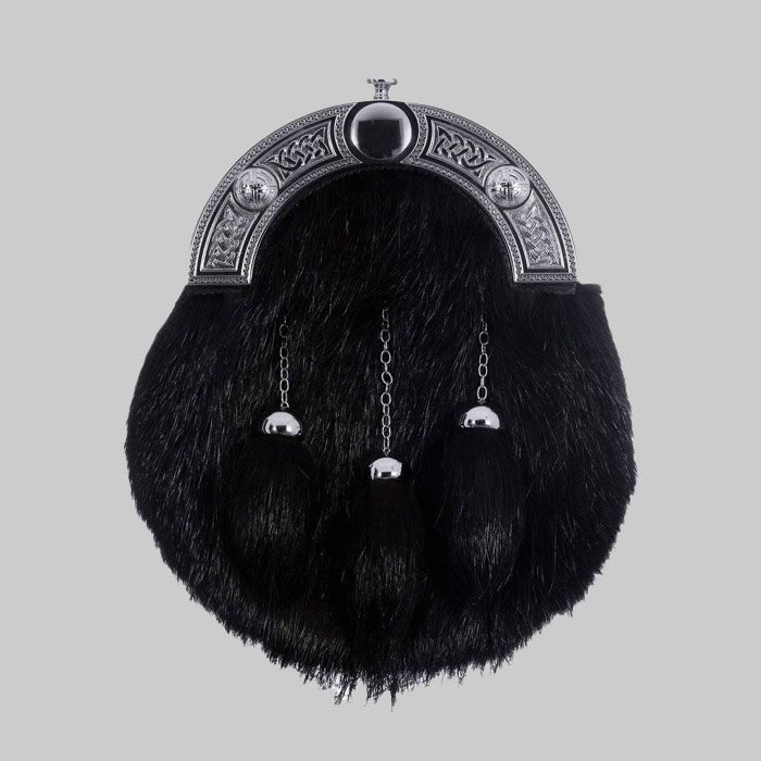 Full Dress Sporran Chrome Celtic Knot Black Nutria Fur With Free Chain Belt

