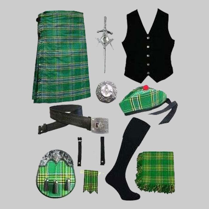 Irish Tartan Kilt & Black Vest With Accessories Deal