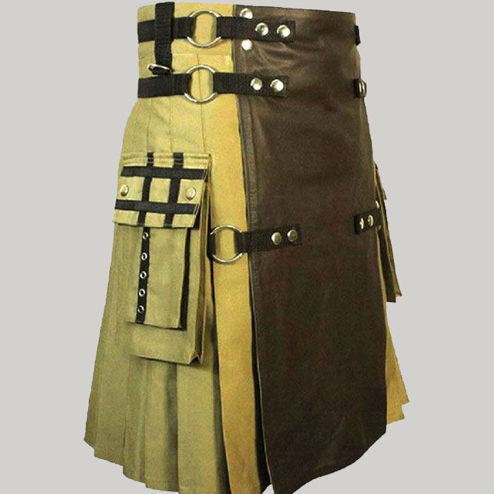 Khaki Fashion Tactical Hybrid Kilt With Front Leather Panel