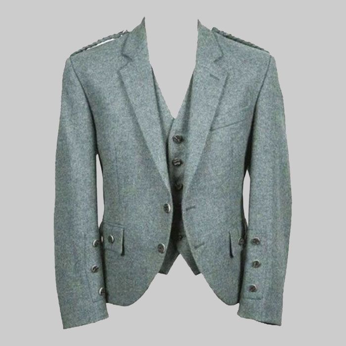 Lovat Green Wool Tweed Argyle Kilt Jacket and Vest for Men