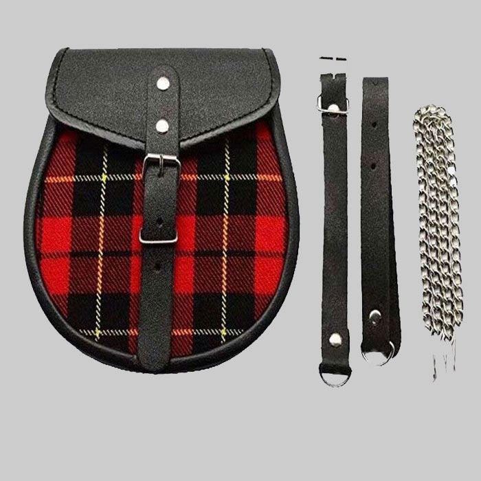 Red and Black Plaid Scottish Sporran With Chain Belt