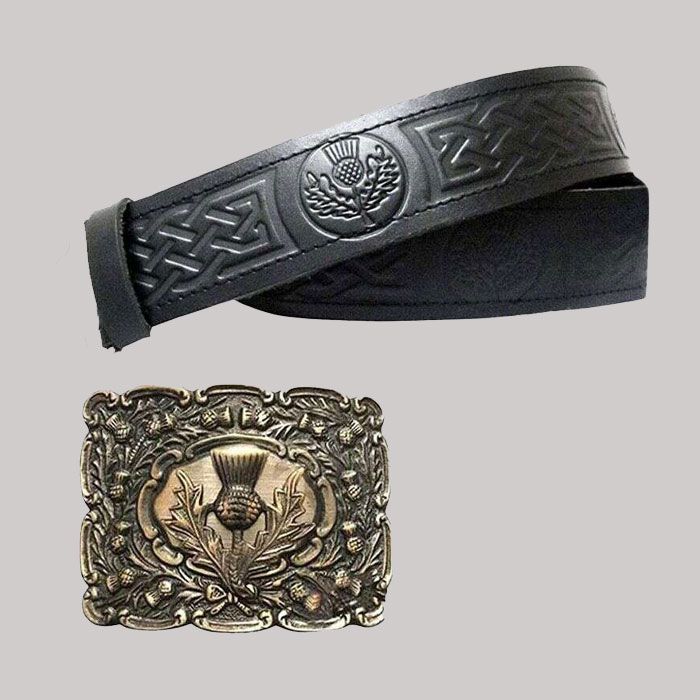 Thistle Embossed Leather Kilt Belt With Thistle Buckle